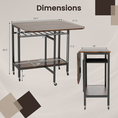 Folding Dining Table with Expandable Laptop with Wine Rack and Wheels-Rustic Brown