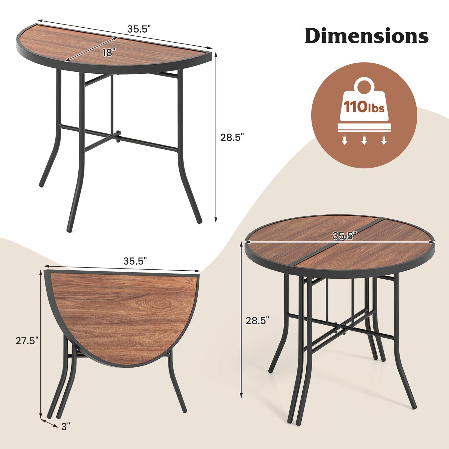 Mesa para eventos plegable semicircular con estructura metálica
