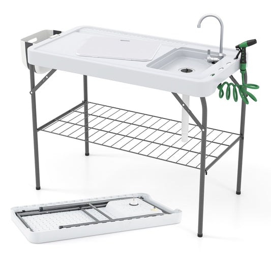 GemGear 2-in-1 folding fish cleaning table with sink and faucet, white top, gray legs on Tampa Home & Garden Store