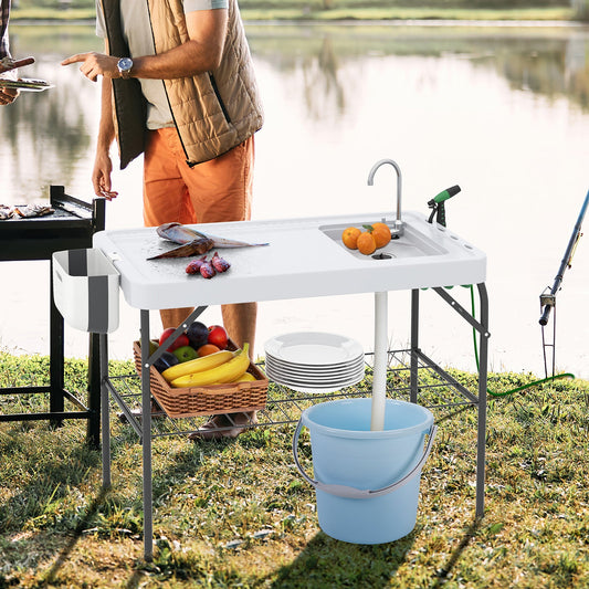 GemGear 2 in 1 Folding Fish Cleaning Table with Sink and Faucet, white top, patio BBQ on Tampa Home & Garden Store