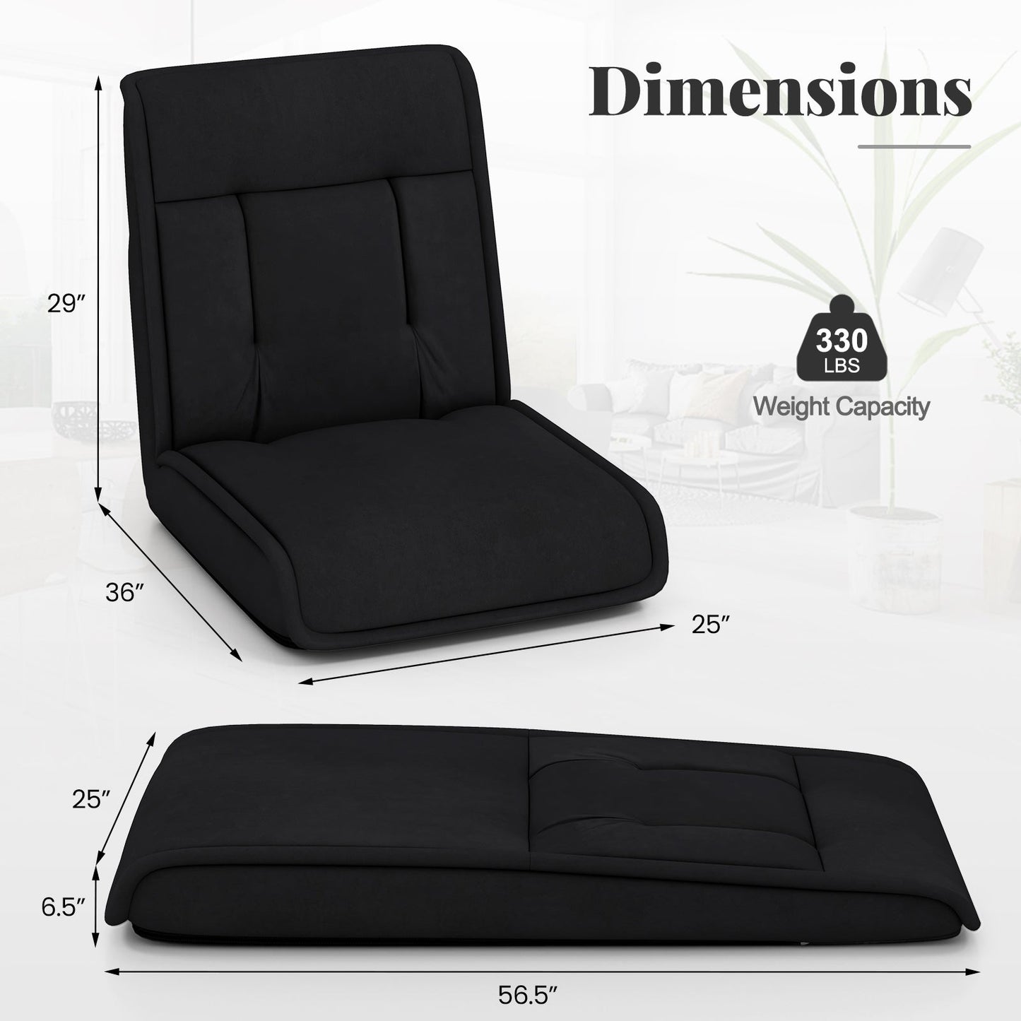 Folding Floor Chair Convertible Lazy Chair with 14-Poistion Adjustable Backrest-Black