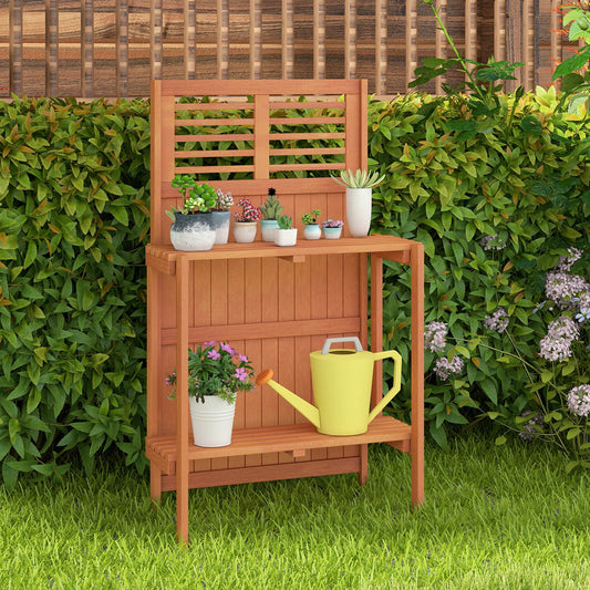 Mesa de Trasplante Plegable para Jardín con Estantes de Almacenamiento de 2 Niveles y Acabado de Aceite de Teca para Jardín, Patio, Balcón