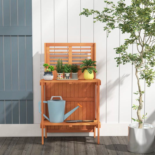 Mesa de Trasplante Plegable para Jardín con Estantes de Almacenamiento de 2 Niveles y Acabado de Aceite de Teca para Jardín, Patio, Balcón