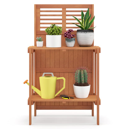 Mesa de Trasplante Plegable para Jardín con Estantes de Almacenamiento de 2 Niveles y Acabado de Aceite de Teca para Jardín, Patio, Balcón