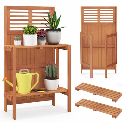 Mesa de Trasplante Plegable para Jardín con Estantes de Almacenamiento de 2 Niveles y Acabado de Aceite de Teca para Jardín, Patio, Balcón