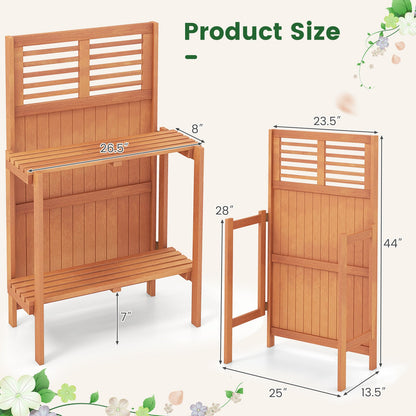 Mesa de Trasplante Plegable para Jardín con Estantes de Almacenamiento de 2 Niveles y Acabado de Aceite de Teca para Jardín, Patio, Balcón