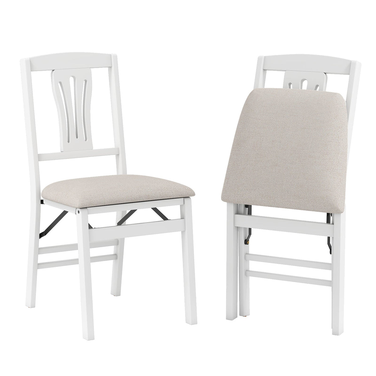 Folding kitchen chairs set of 2, white frames with beige padded seats on Tampa Home & Garden Store