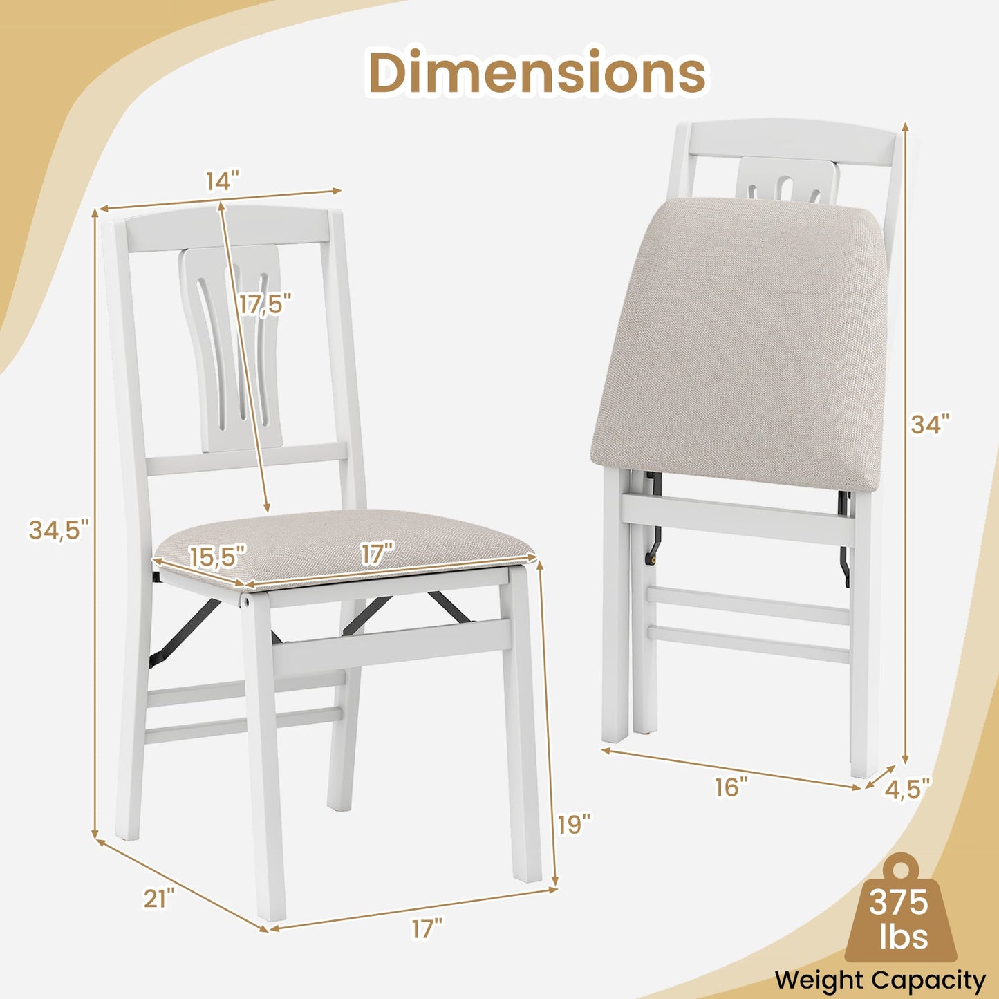 Folding Kitchen Chairs set of 2, white frames with beige upholstered padded seats DirectDeals on Tampa Home & Garden Store
