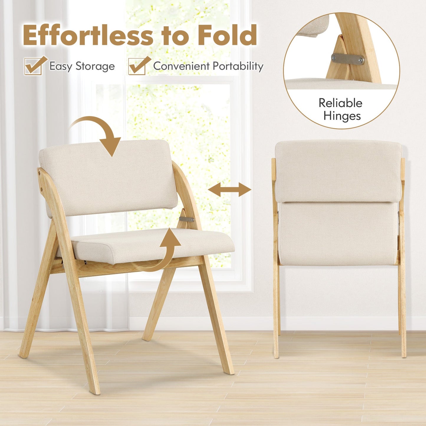 Juego de 2 sillas plegables de cocina y comedor con patas de madera de caucho - Natural