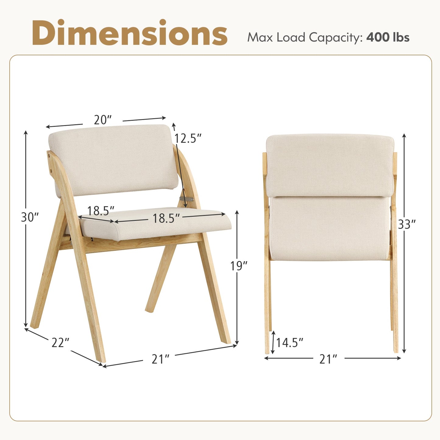 Juego de 2 sillas plegables de cocina y comedor con patas de madera de caucho - Natural