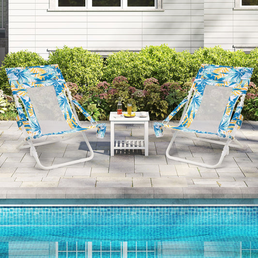 Folding Low Beach Chair Set of 2 Patio Sling Chairs with Padded Head Pillow - Tampa Home & Garden Store