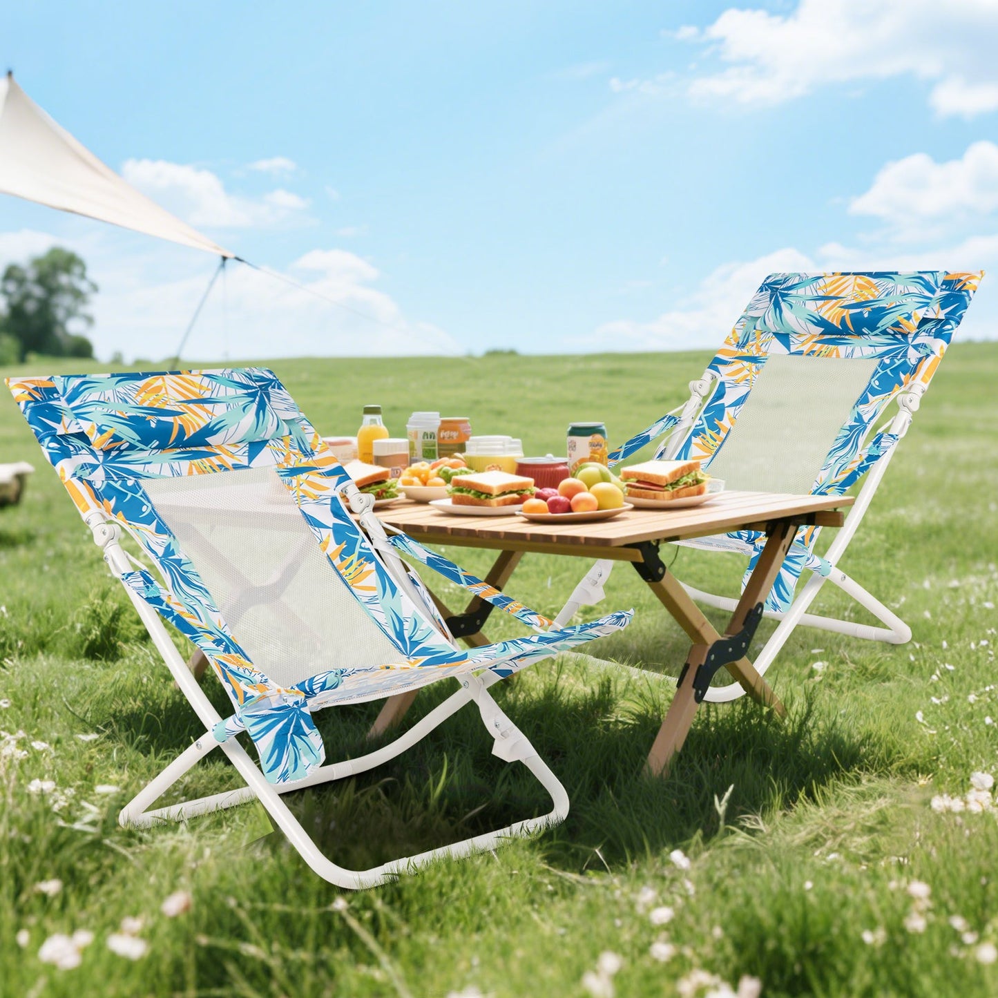 Folding Low Beach Chair Set of 2 Patio Sling Chairs with Padded Head Pillow