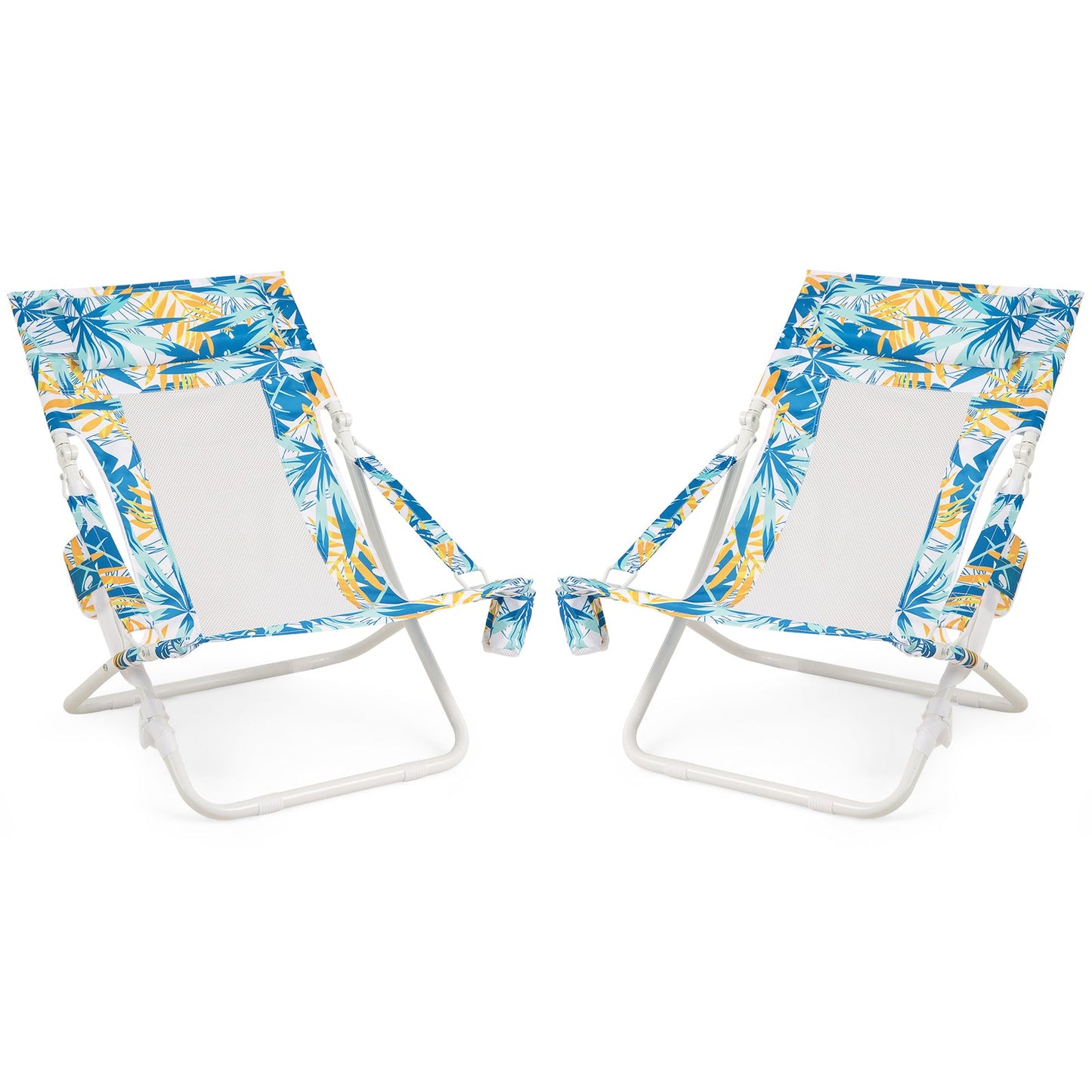 Folding Low Beach Chair Set of 2 Patio Sling Chairs with Padded Head Pillow