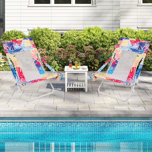 Folding Low Beach Chair Set of 2 Patio Sling Chairs with Padded Head Pillow - Tampa Home & Garden Store