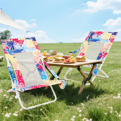 Folding Low Beach Chair Set of 2 Patio Sling Chairs with Padded Head Pillow