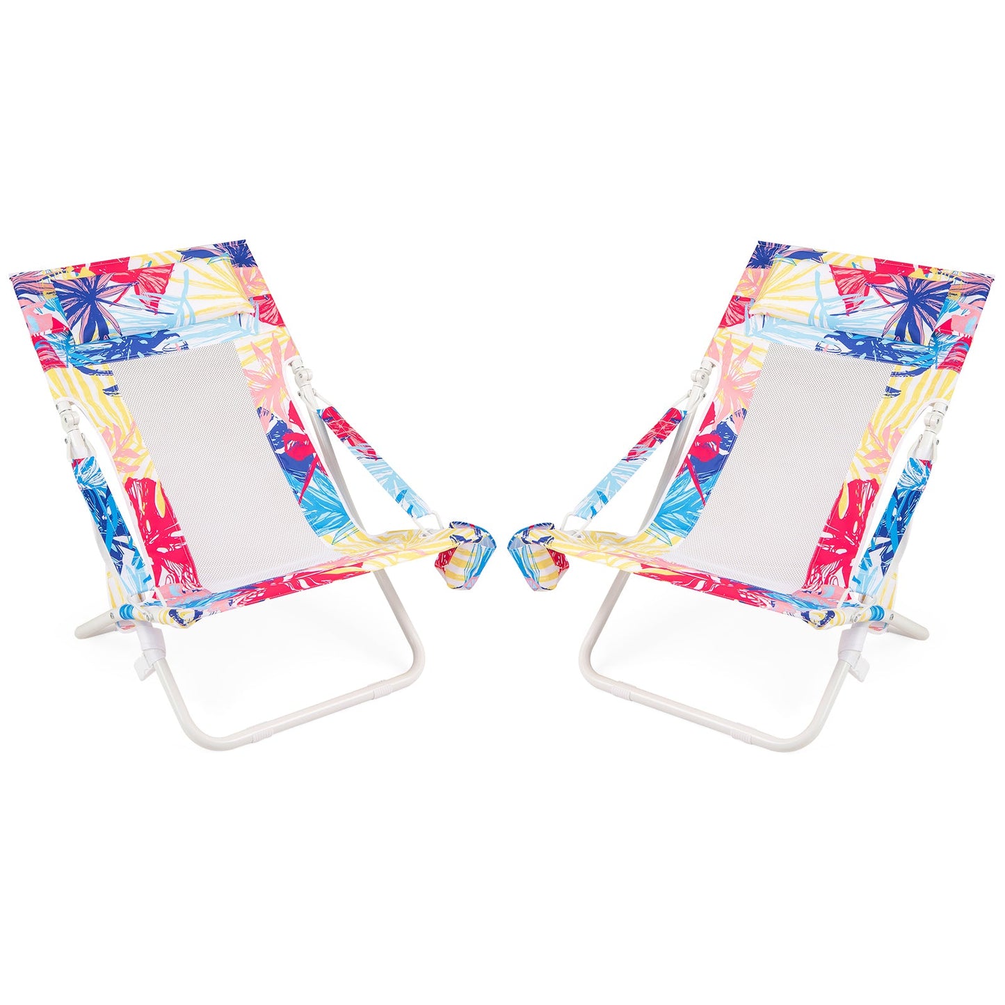 Folding Low Beach Chair Set of 2 Patio Sling Chairs with Padded Head Pillow
