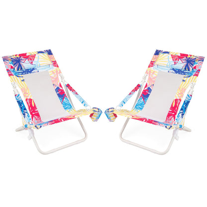 Folding Low Beach Chair Set of 2 Patio Sling Chairs with Padded Head Pillow