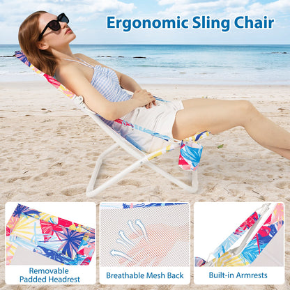Folding Low Beach Chair Set of 2 Patio Sling Chairs with Padded Head Pillow