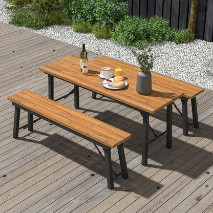 Mesa de picnic plegable de madera de acacia con estructura metálica para actividades de interior y exterior