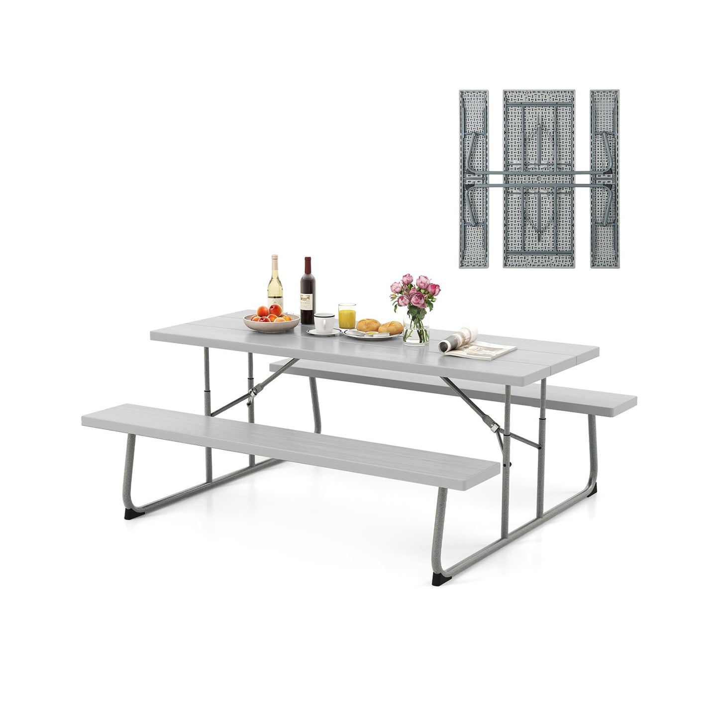 Mesa de picnic plegable con estructura de metal y tablero de HDPE resistente a la intemperie, agujero para sombrilla - Negro