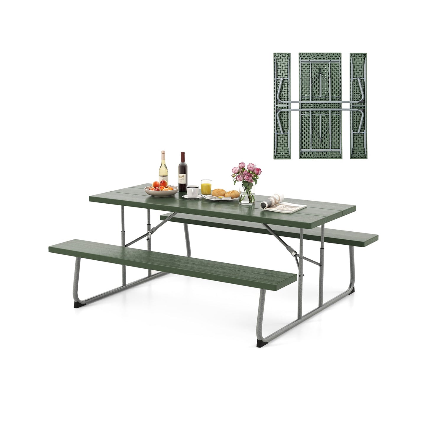 Mesa de picnic plegable con estructura de metal y tablero de HDPE resistente a la intemperie, agujero para sombrilla - Negro