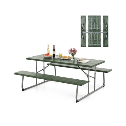 Mesa de picnic plegable con estructura de metal y tablero de HDPE resistente a la intemperie, agujero para sombrilla - Negro