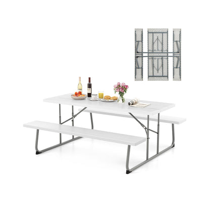 Mesa de picnic plegable con estructura de metal y tablero de HDPE resistente a la intemperie, agujero para sombrilla - Negro