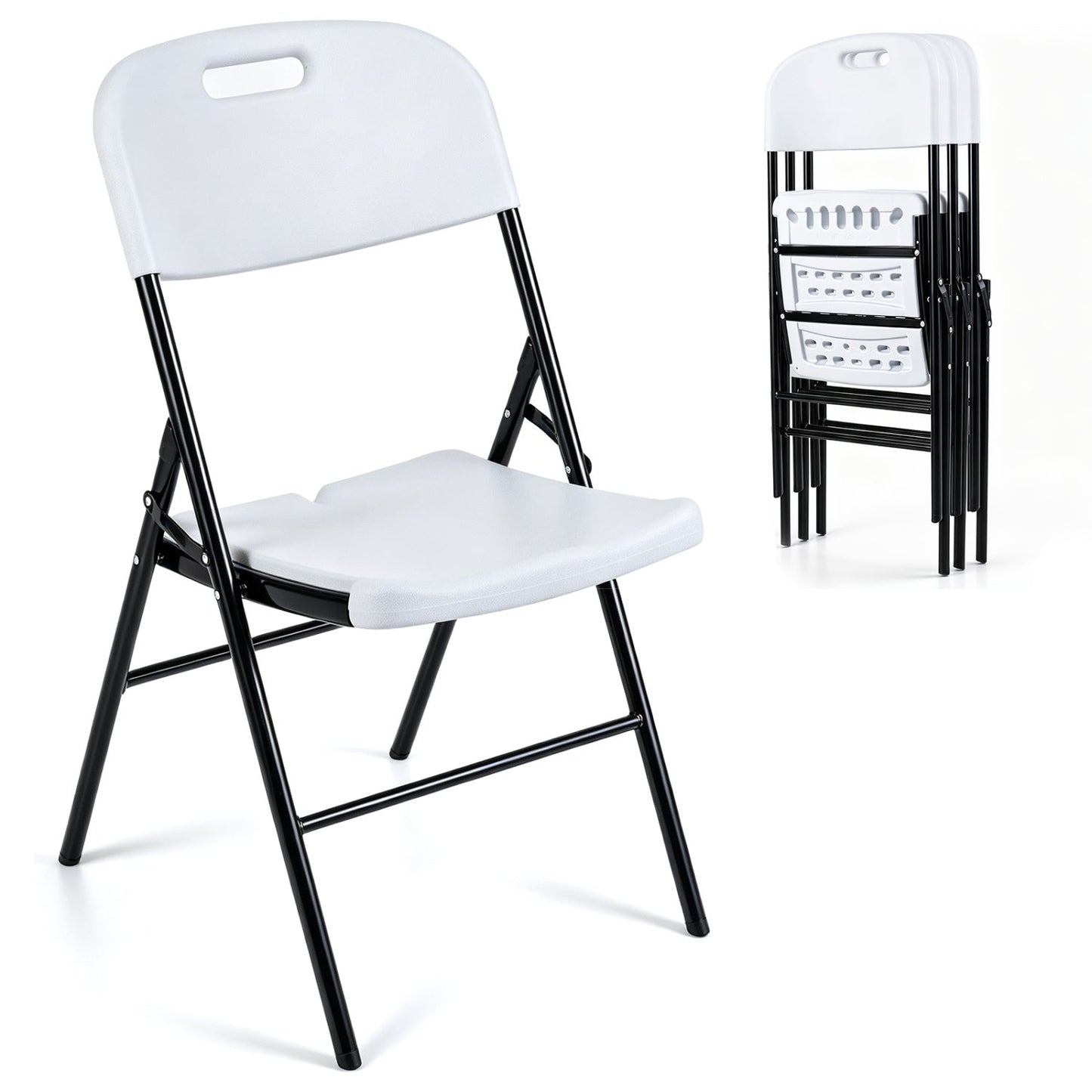 Folding Plastic Chairs 4-Pack, white seats, black metal frames, 330 LBS DirectDeals on Tampa Home & Garden Store