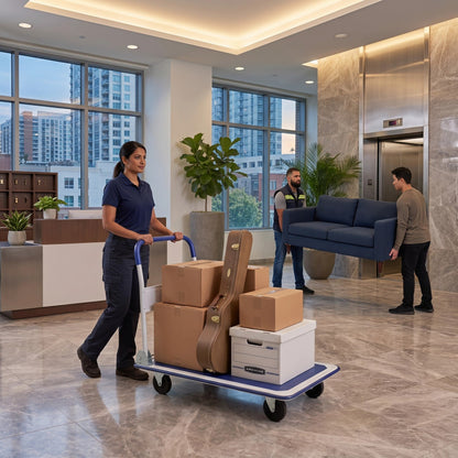 Folding Platform Hand Truck with 4 wheels blue deck 660 lb capacity by DirectDeals, loaded with boxes on Tampa Home & Garden Store