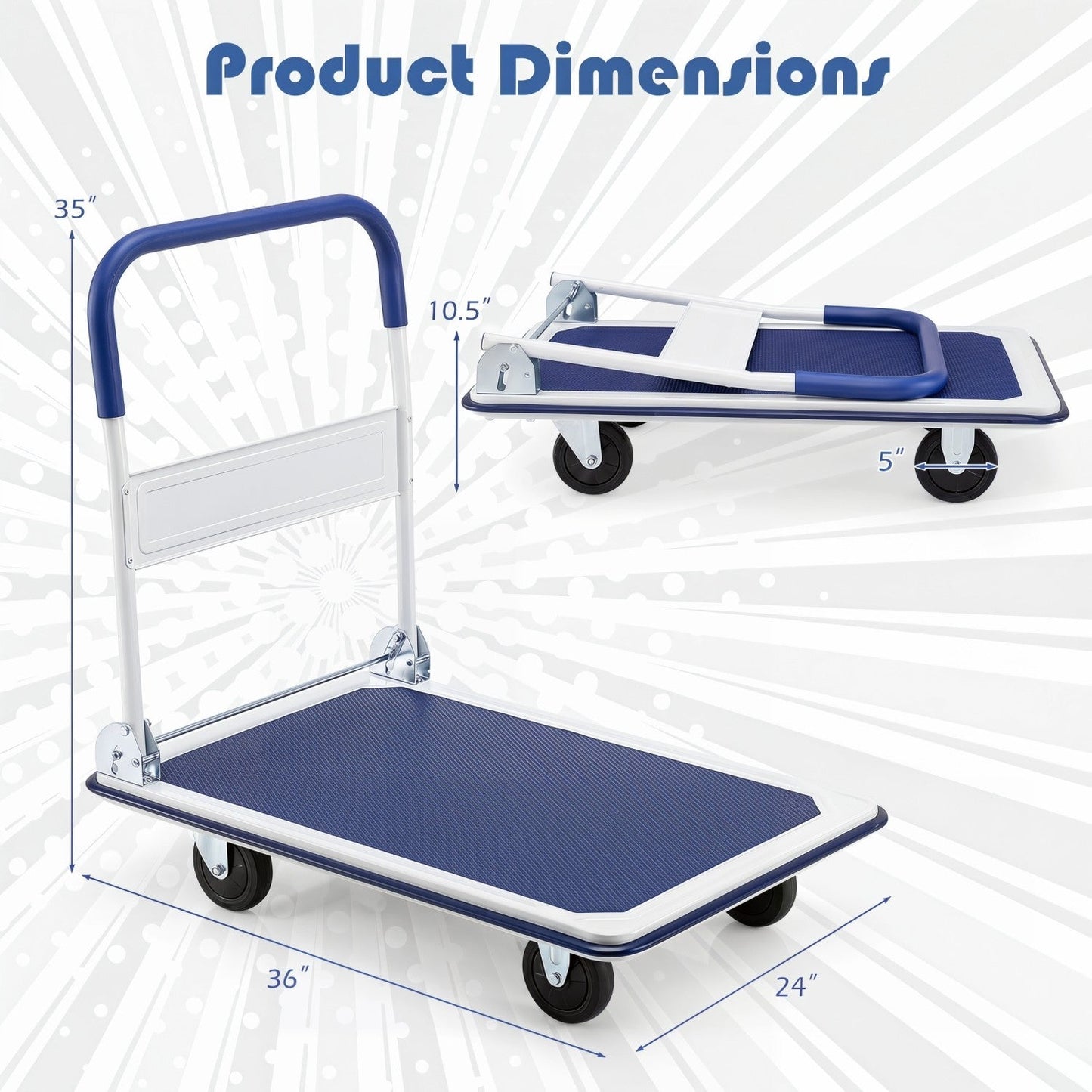 Folding Platform Hand Truck with 4 Wheels in blue by DirectDeals, 660 lbs capacity on Tampa Home & Garden Store