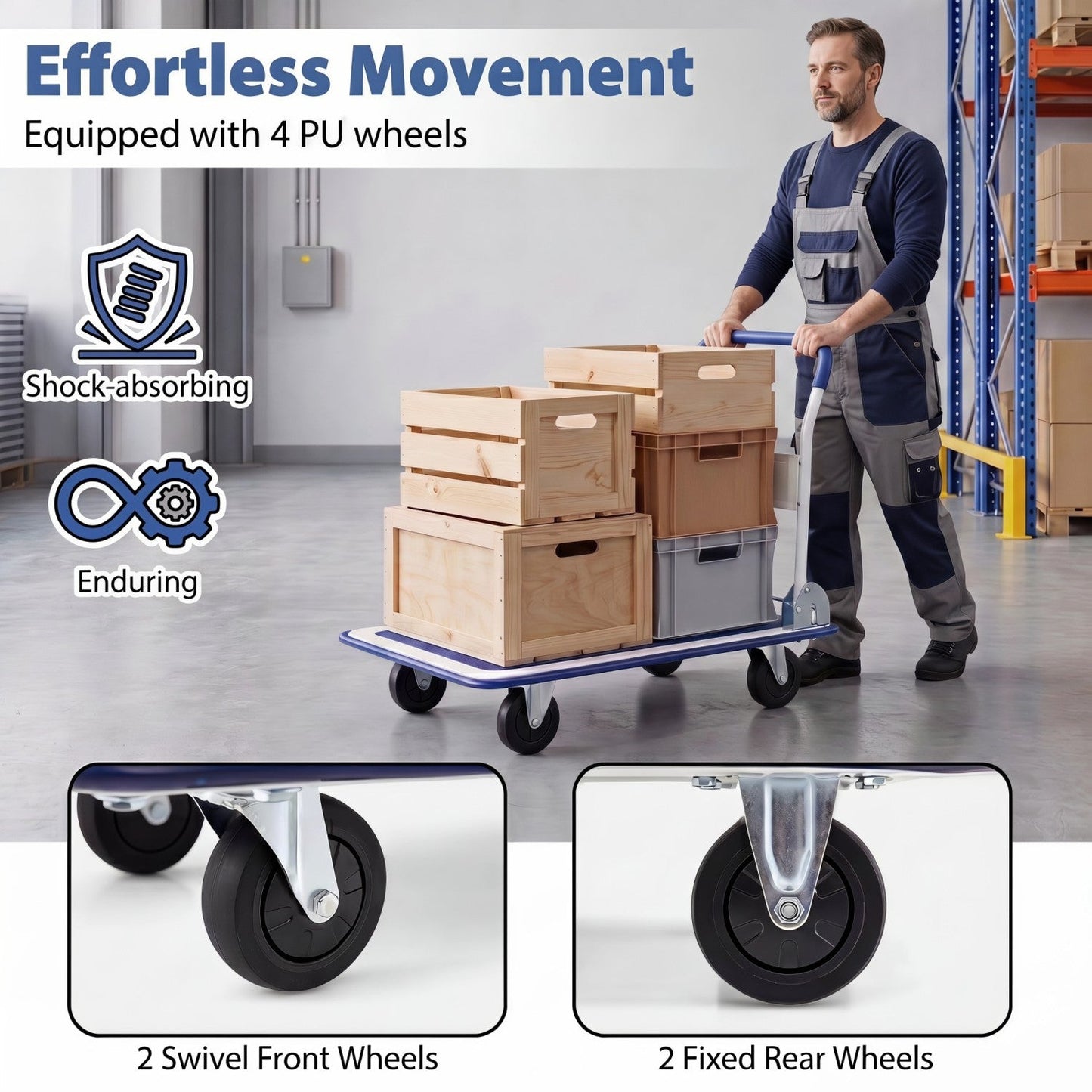 Folding platform hand truck with 4 PU wheels by DirectDeals transporting crates in warehouse on Tampa Home & Garden Store