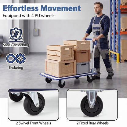 Folding platform hand truck with 4 PU wheels by DirectDeals transporting crates in warehouse on Tampa Home & Garden Store