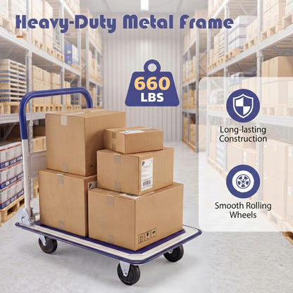 DirectDeals folding platform hand truck with 4 wheels carrying boxes, blue, 660-lb capacity on Tampa Home & Garden Store