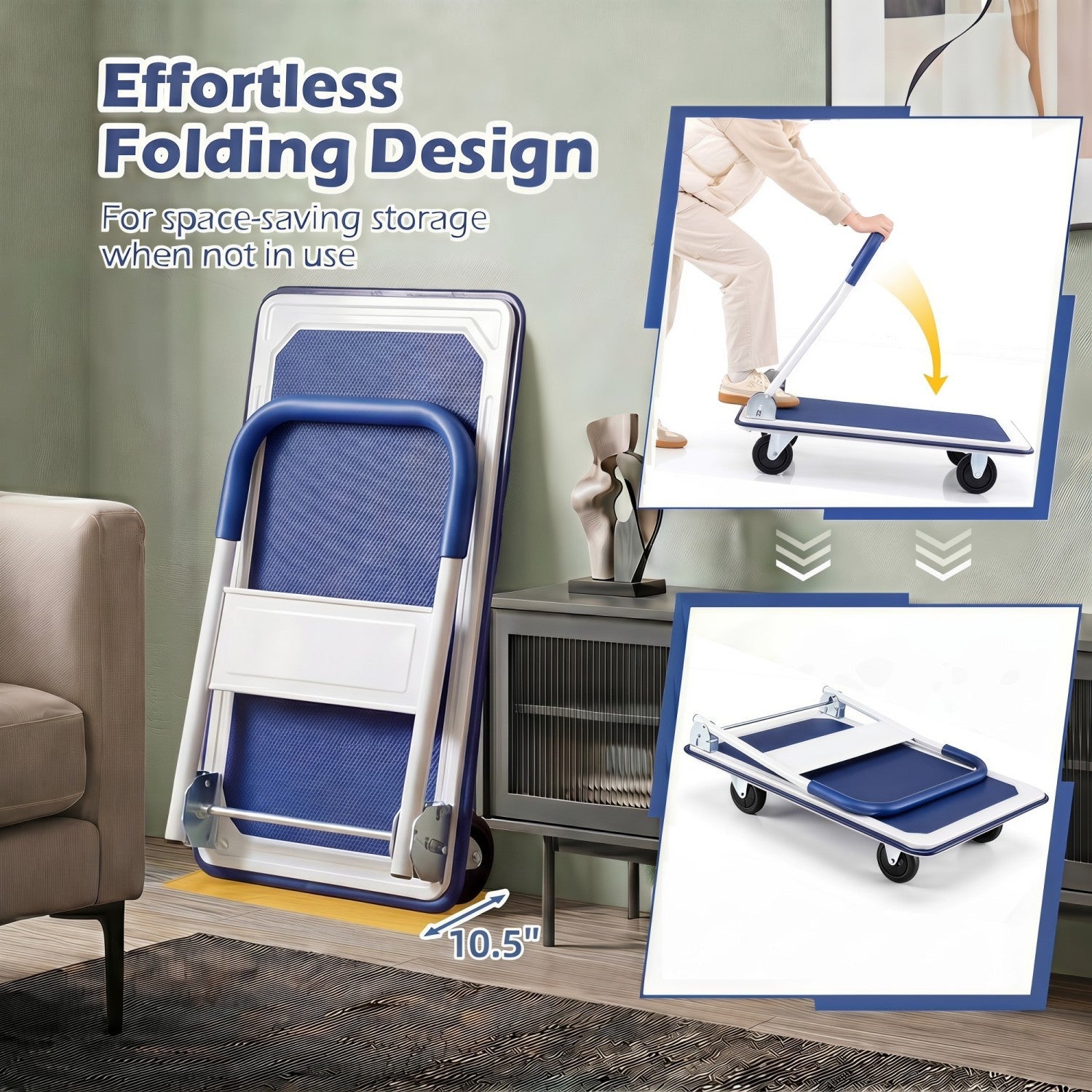 DirectDeals Folding Platform Hand Truck with 4 wheels blue frame, stored upright against wall on Tampa Home & Garden Store