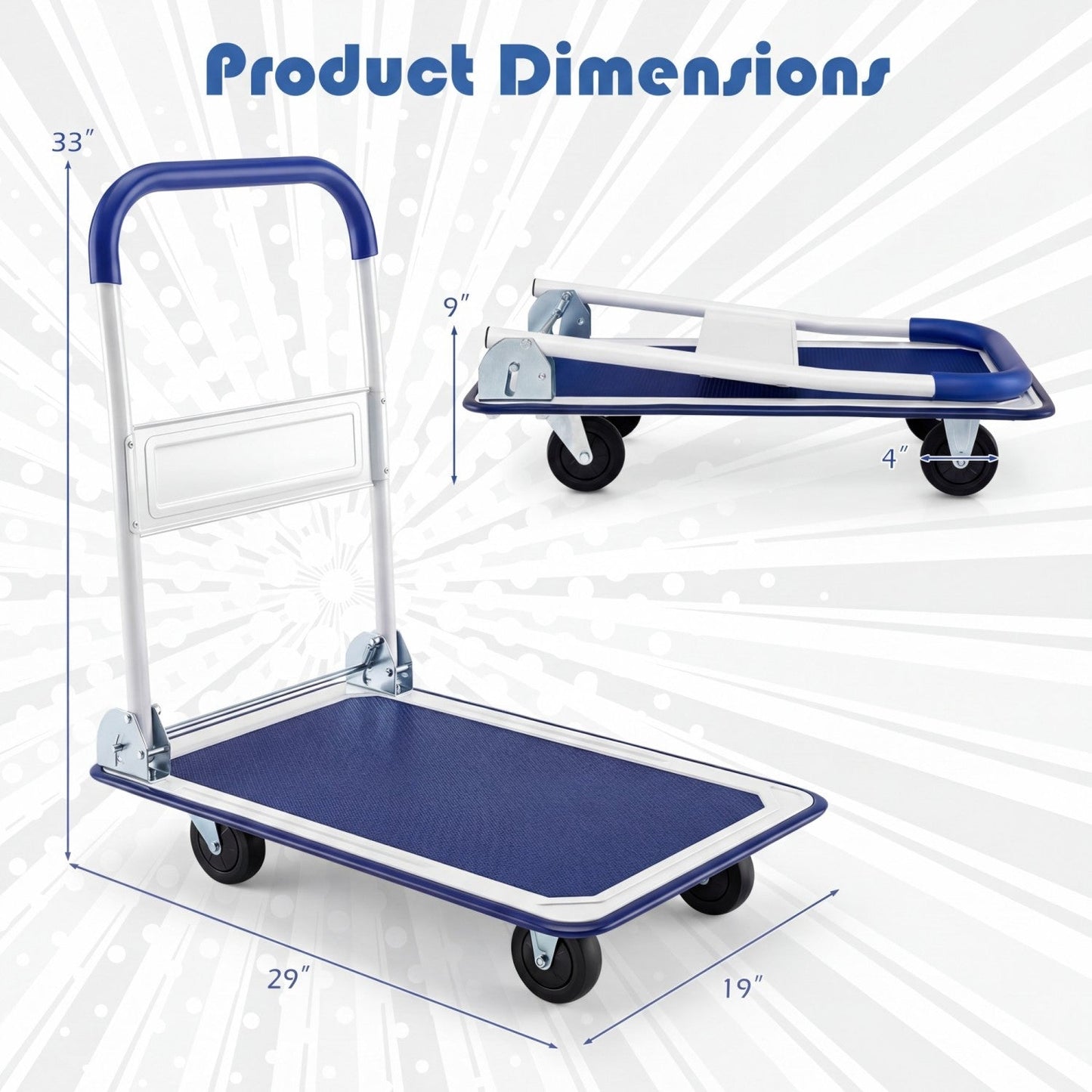 Folding platform hand truck by DirectDeals with blue handle, four wheels, 330 lb capacity on Tampa Home & Garden Store