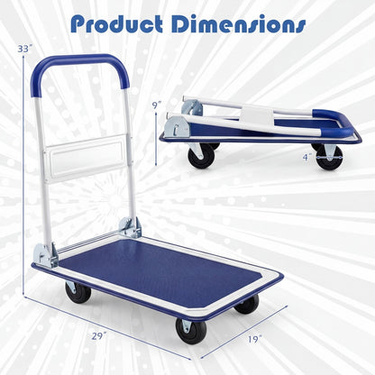 Folding platform hand truck by DirectDeals with blue handle, four wheels, 330 lb capacity on Tampa Home & Garden Store