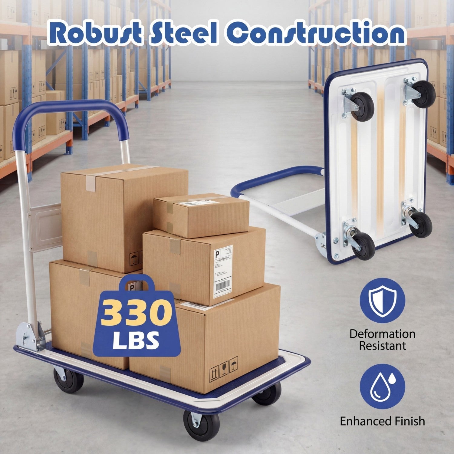 Folding platform hand truck DirectDeals blue frame four wheels 330 lbs capacity on Tampa Home & Garden Store
