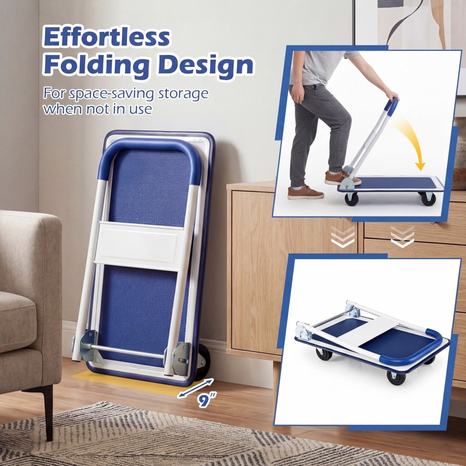 DirectDeals folding platform hand truck with 4 wheels, blue and white, 330 lb capacity on Tampa Home & Garden Store