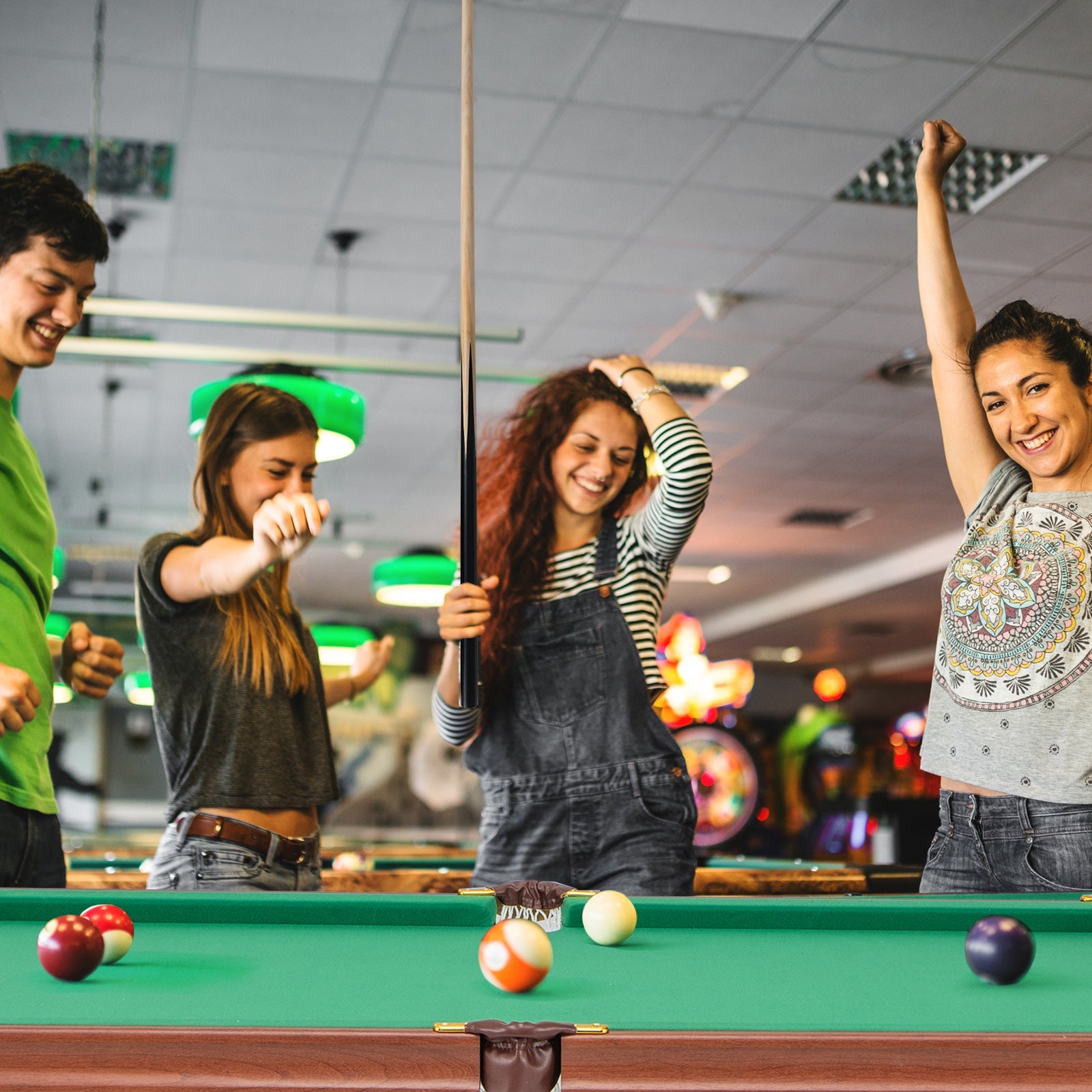Folding portable billiards table with adjustable feet, DirectDeals, players at green felt on Tampa Home & Garden Store