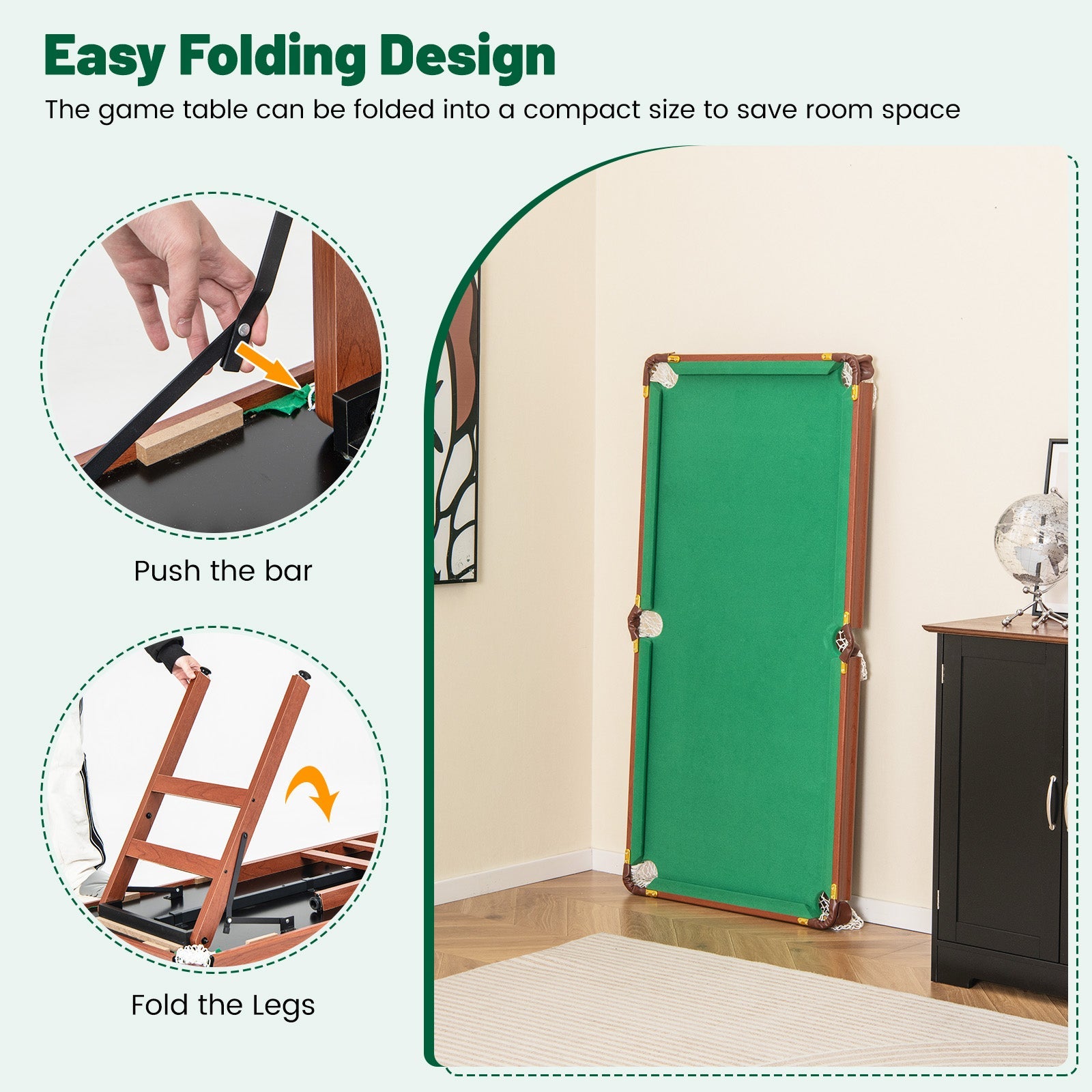 Folding portable billiards table by DirectDeals with adjustable foot levelers, green felt on Tampa Home & Garden Store