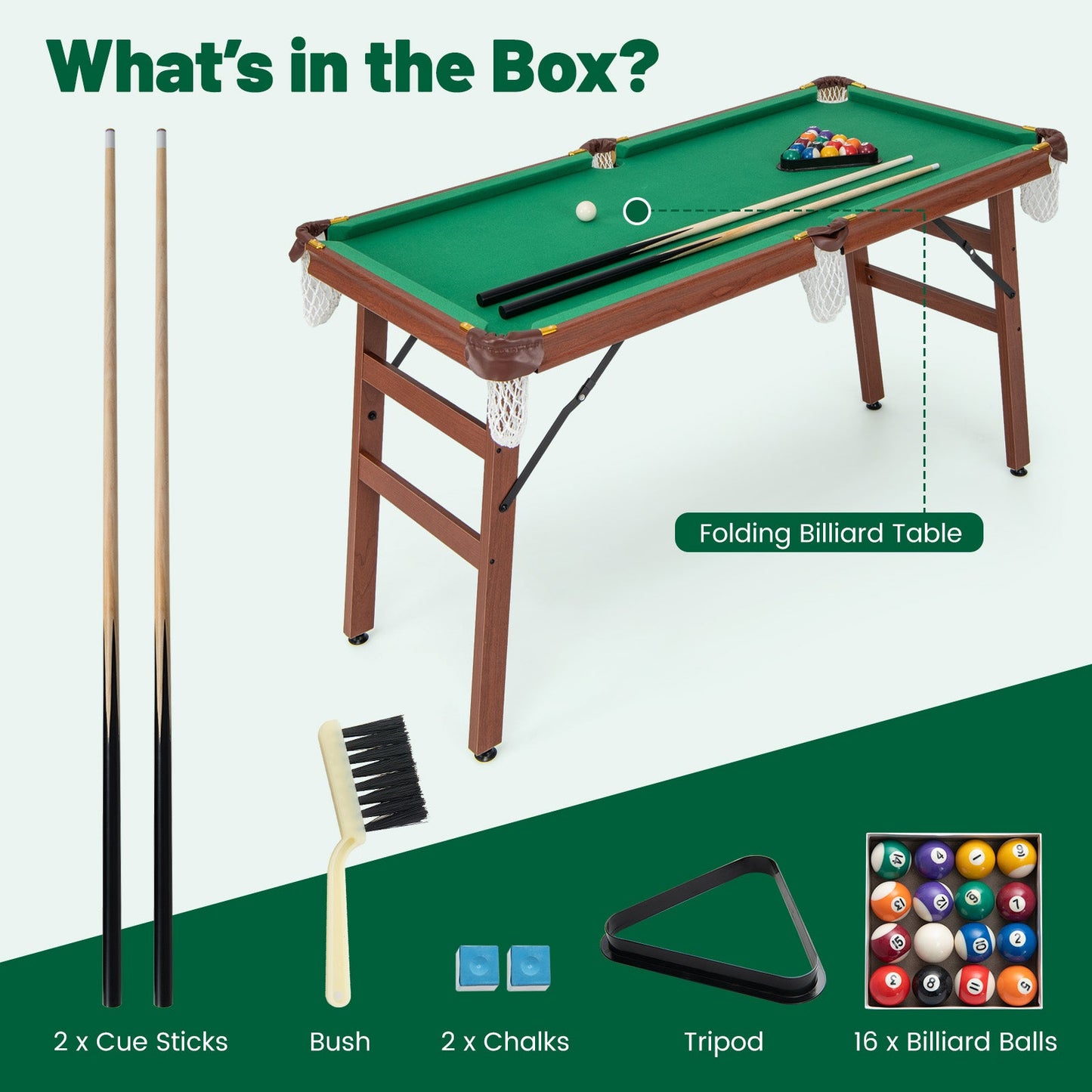 Folding portable billiards table with green felt, 2 cue sticks, wooden legs DirectDeals on Tampa Home & Garden Store
