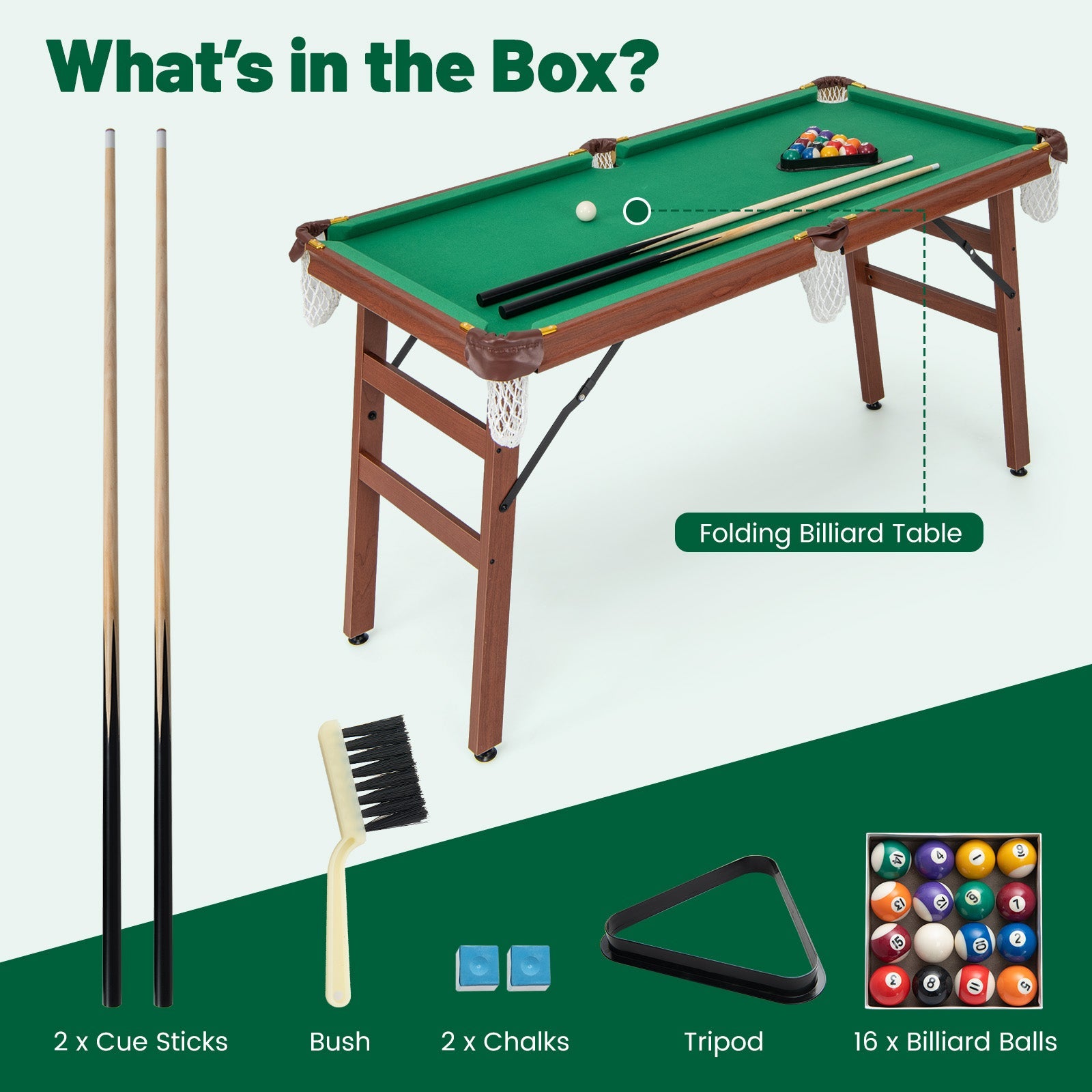 Folding portable billiards table with green felt, 2 cue sticks, wooden legs DirectDeals on Tampa Home & Garden Store