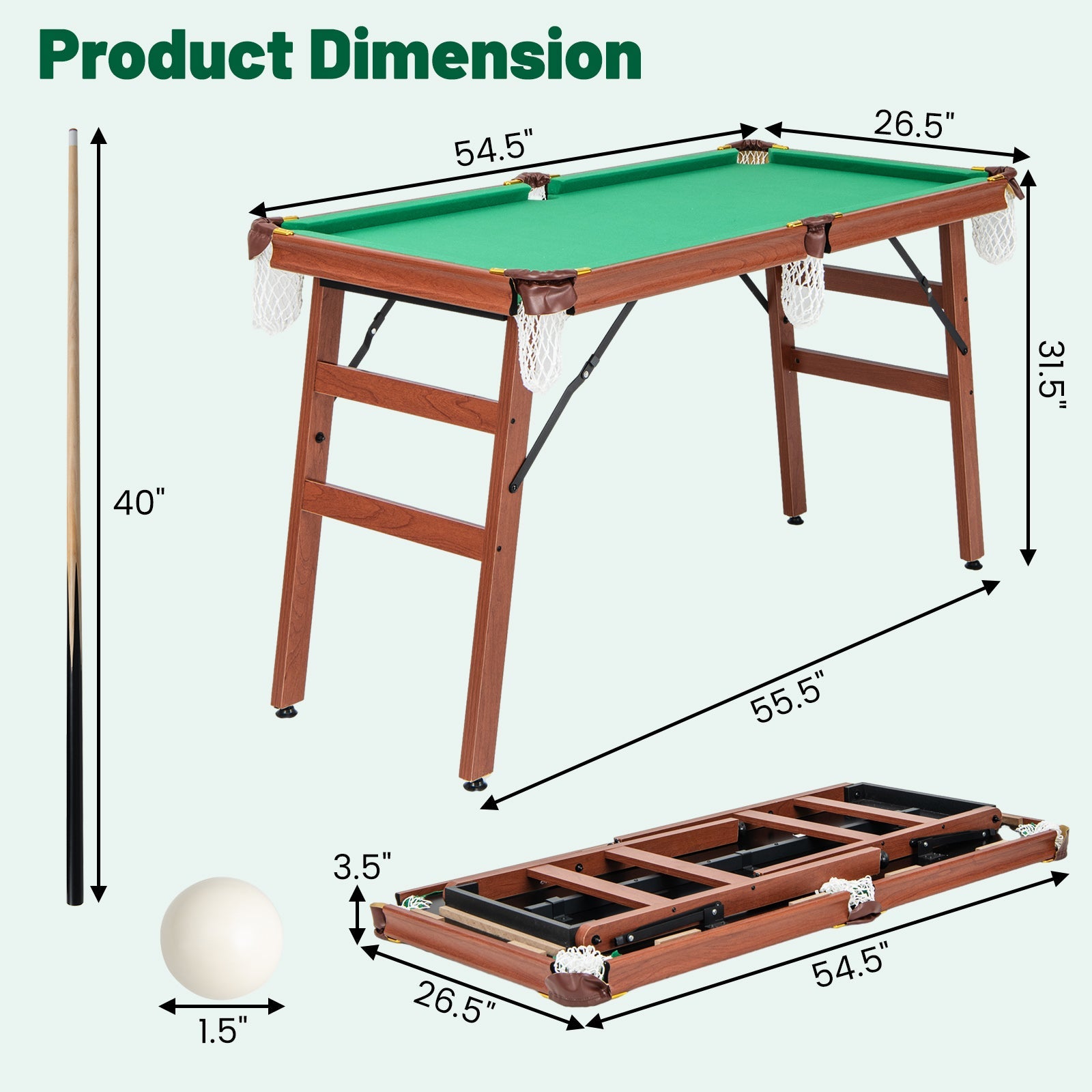 DirectDeals folding portable billiards table with green felt, wooden legs and adjustable foot levelers on Tampa Home & Garden Store
