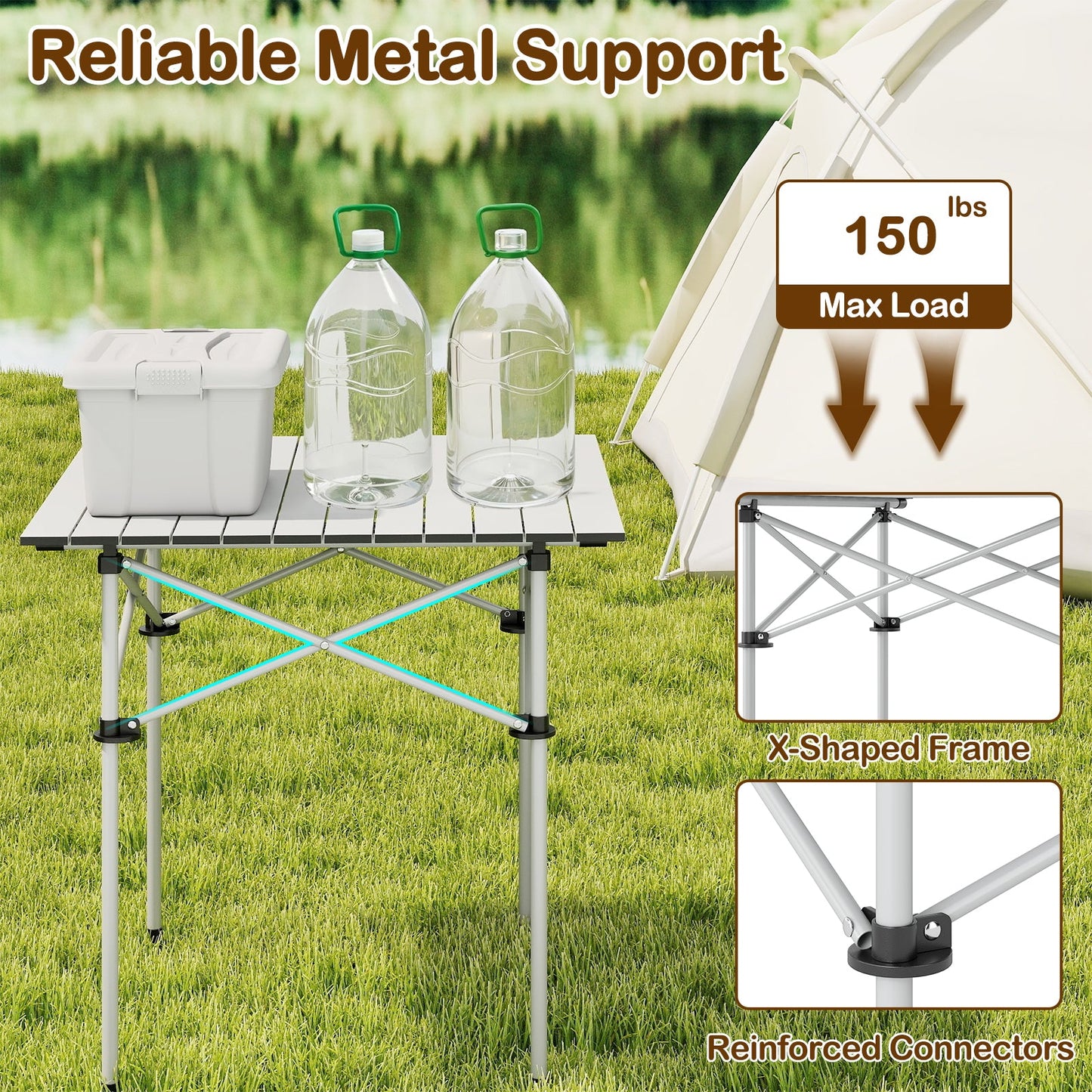 GemGear Folding Roll-up Camping Table with metal legs and X-shaped frame on a grassy campsite on Tampa Home & Garden Store