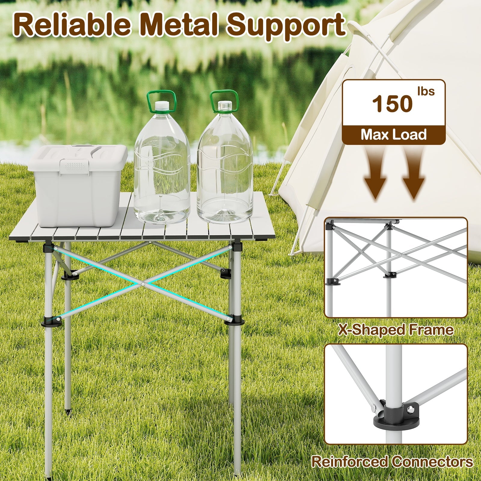 GemGear Folding Roll-up Camping Table with metal legs and X-shaped frame on a grassy campsite on Tampa Home & Garden Store
