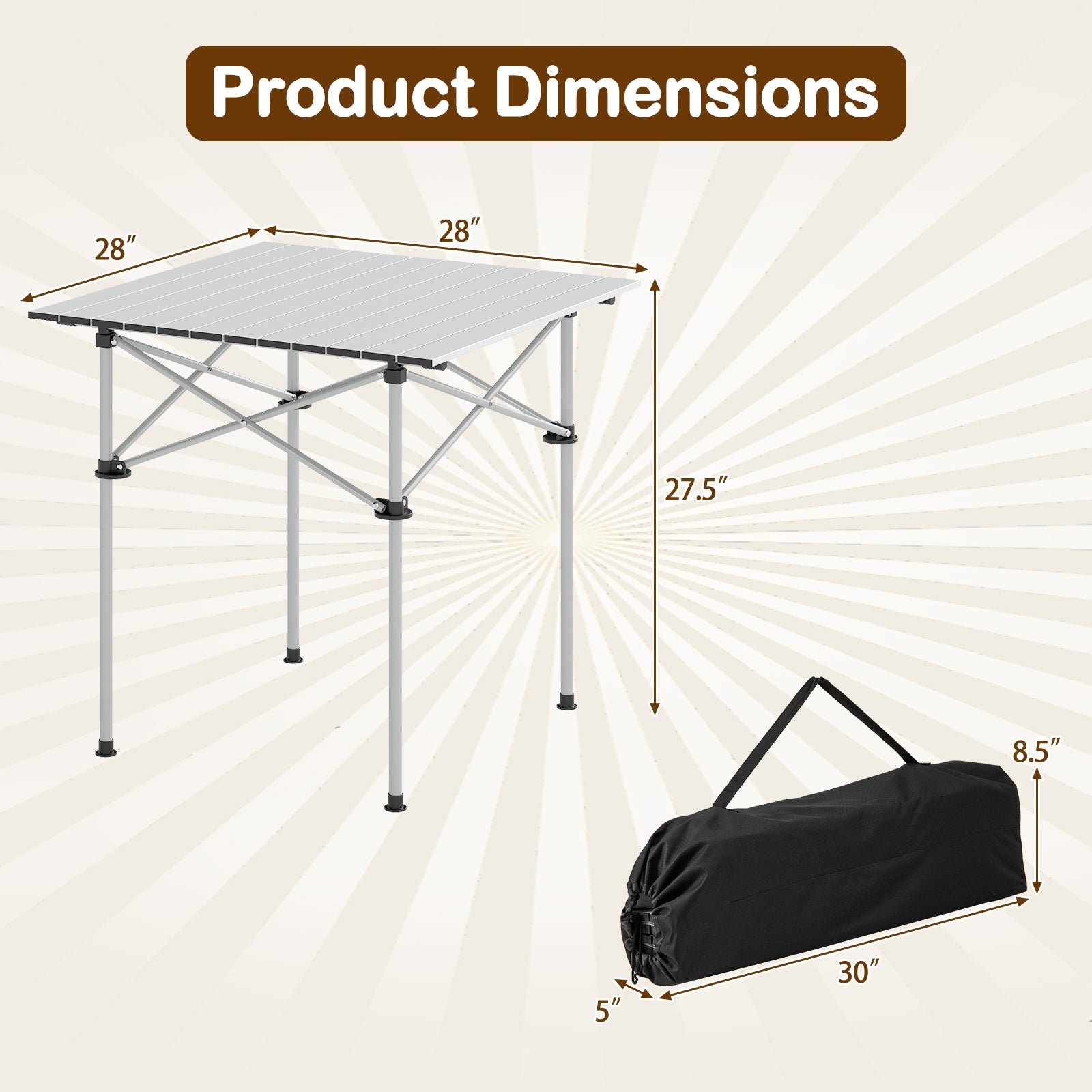 GemGear folding roll-up camping table with metal legs, 28x28in gray top, 27.5in tall, carry bag on Tampa Home & Garden Store