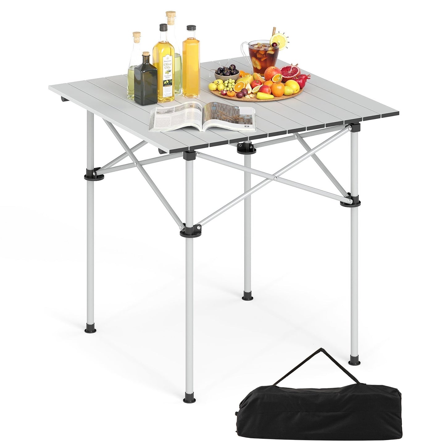 GemGear folding roll-up camping table with metal legs, slatted top, with fruit and drinks on Tampa Home & Garden Store