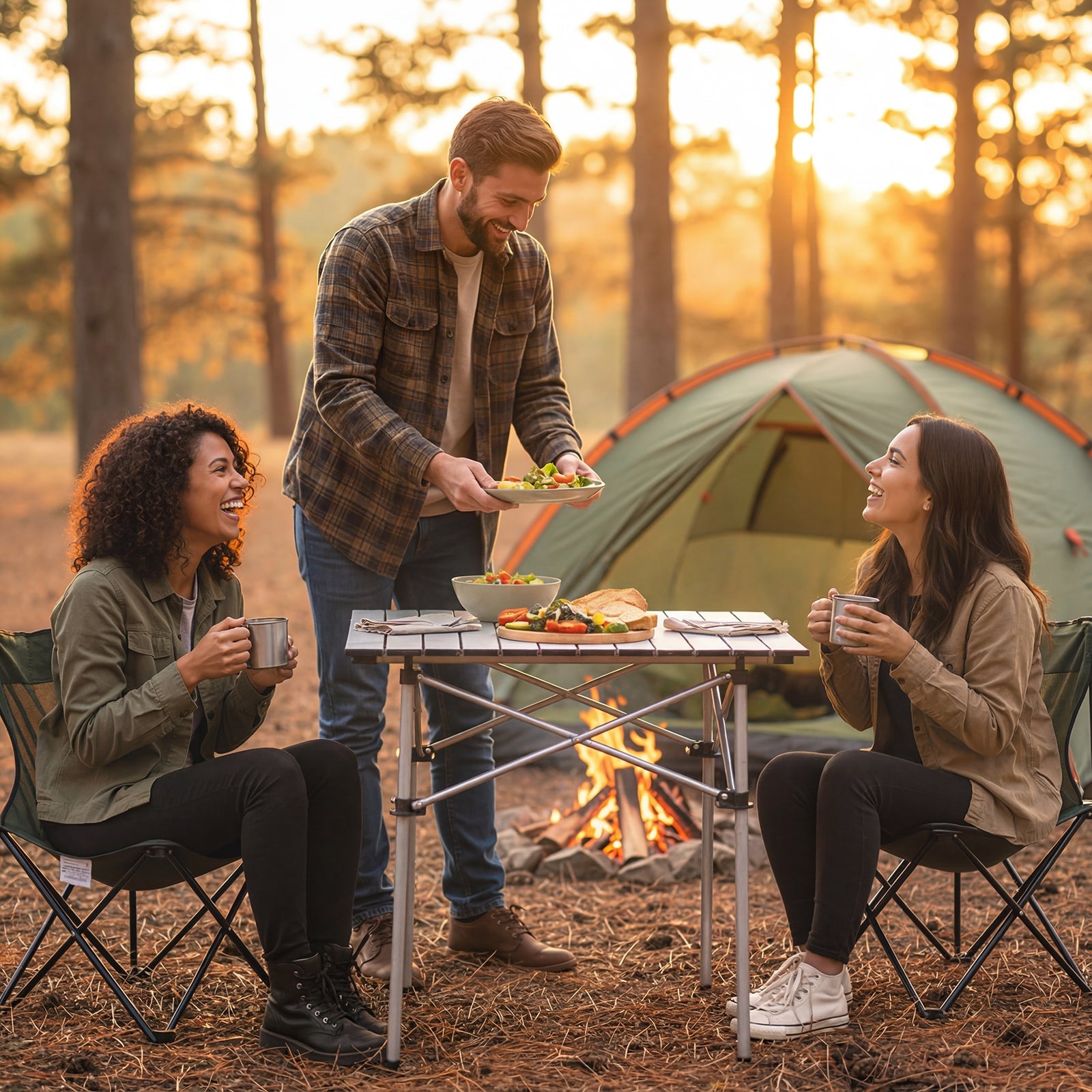 GemGear folding rollup camping table with metal legs at camp with three campers and tent on Tampa Home & Garden Store