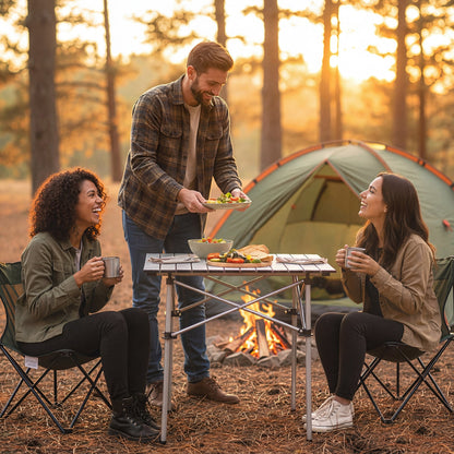 GemGear folding rollup camping table with metal legs at camp with three campers and tent on Tampa Home & Garden Store