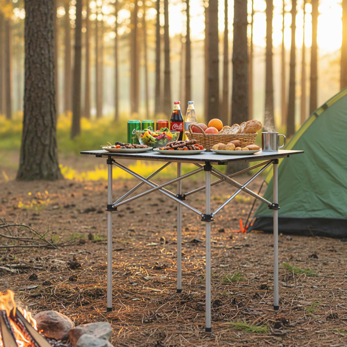 GemGear Folding Roll-up Camping Table with Metal Legs at forest campsite with bread basket on Tampa Home & Garden Store